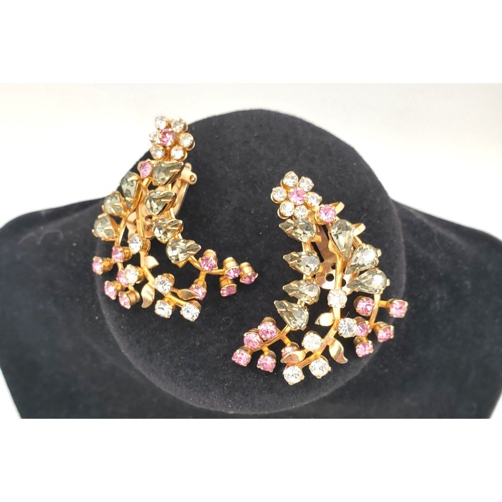 Vintage Hattie Carnegie Pink Grey Crystal Clip Climber Earrings Gold Tone